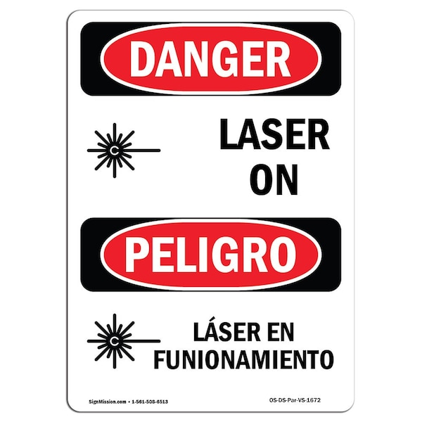 Signmission OSHA Danger Sign, Laser On Bilingual, 7in X 5in Decal, 5" W, 7" H, Bilingual Spanish OS-DS-D-57-VS-1672 - main
